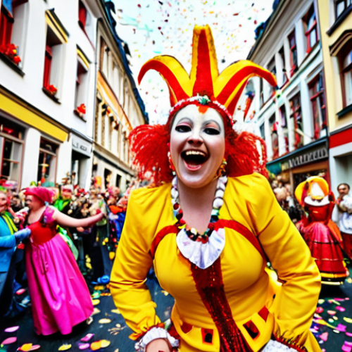 **

Prompt: A vibrant scene at the Cologne Carnival (Karneval), Germany. People in colorful and extravagant costumes are celebrating in the streets, confetti flying everywhere, and allegorical floats in the background. Capture the joyful and carefree atmosphere. Focus on bright colors and dynamic movement.

**
