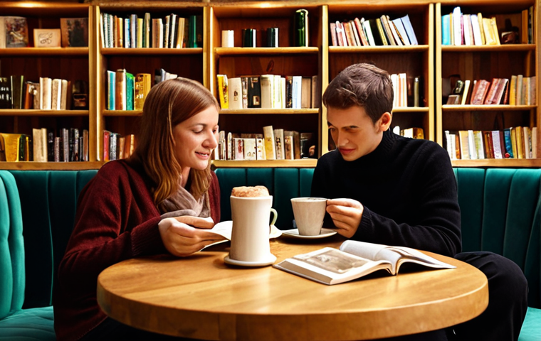 **Prompt:** A cozy and inviting German cafe interior, embodying the 'Kaffee und Kuchen' ritual. Warm, soft ambient lighting illuminates comfortable velvet sofas and bookshelves filled with volumes. On a wooden table, a slice of traditional 'Schwarzwälder Kirschtorte' and 'Bienenstich' are prominently displayed alongside a large cup of filter coffee. People are relaxed, some reading books, others quietly chatting, conveying a deep sense of 'feeling at home' and unhurried leisure. The atmosphere is warm, rich, and inviting, with a cinematic quality.