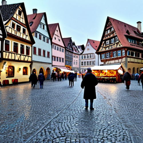 Home 19 Medieval Town Square**
"A bustling medieval town square in Rothenburg ob der Tauber, Germany. Colorful half-timbered houses line the cobblestone streets. People in modest, historical clothing are browsing stalls at a Christmas market. Snow is gently falling. The scene is festive and inviting. Safe for work, appropriate content, fully clothed, professional photography, perfect anatomy, correct proportions, natural pose, well-formed hands, proper finger count, natural body proportions, family-friendly."
**