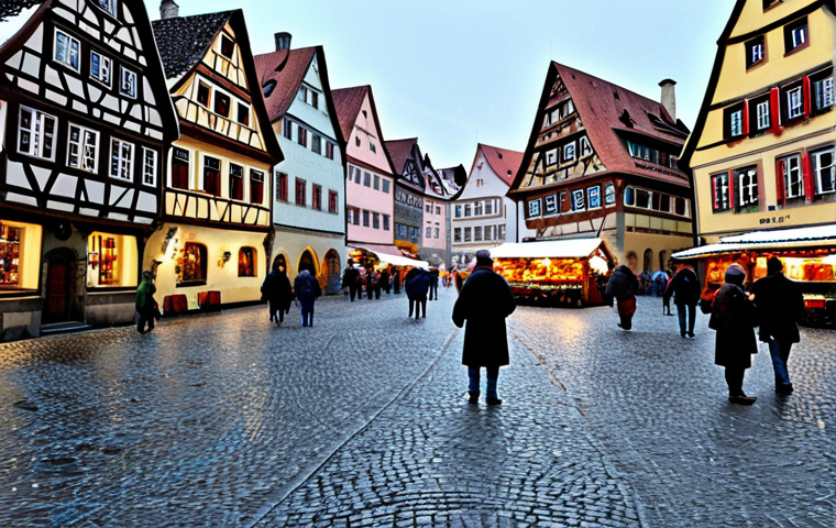 Medieval Town Square**

"A bustling medieval town square in Rothenburg ob der Tauber, Germany. Colorful half-timbered houses line the cobblestone streets. People in modest, historical clothing are browsing stalls at a Christmas market. Snow is gently falling. The scene is festive and inviting. Safe for work, appropriate content, fully clothed, professional photography, perfect anatomy, correct proportions, natural pose, well-formed hands, proper finger count, natural body proportions, family-friendly."

**