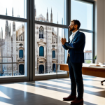 Home 6 **
A professional architect, fully clothed in a modest business casual outfit, stands in front of a blueprint-laden table in a bright, modern architectural office in Milan, Italy. Sunlight streams in through large windows overlooking the Duomo. Perfect anatomy, correct proportions, natural pose, well-formed hands, proper finger count, natural body proportions. High-resolution, professional photography, family-friendly.
**