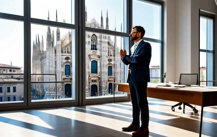 **
A professional architect, fully clothed in a modest business casual outfit, stands in front of a blueprint-laden table in a bright, modern architectural office in Milan, Italy. Sunlight streams in through large windows overlooking the Duomo. Perfect anatomy, correct proportions, natural pose, well-formed hands, proper finger count, natural body proportions. High-resolution, professional photography, family-friendly.
**