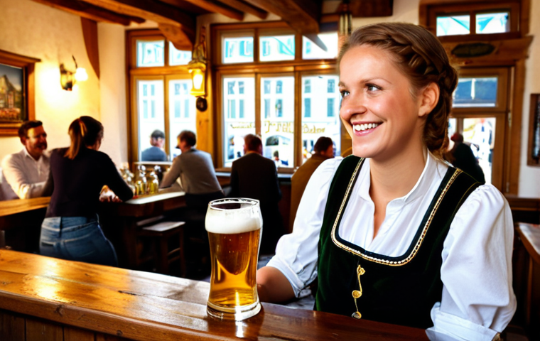독일의 지역별 방언 - **Image Prompt: The "Grüß Gott" Encounter in a Bavarian Beer Garden**
A female tourist, appearin...