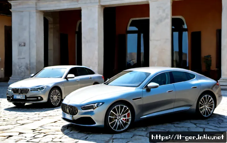 독일 자동차 브랜드 비교 - Photorealistic editorial comparison scene of three premium German-style automobiles, a sleek executi...