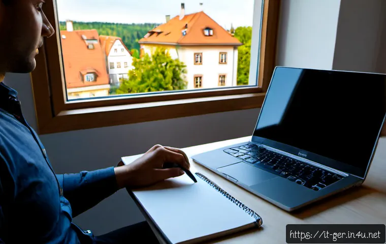 독일에서 한 달 살기 경험담 - Photorealistic lifestyle scene of an Italian remote worker spending a month in Germany, seated at a ...