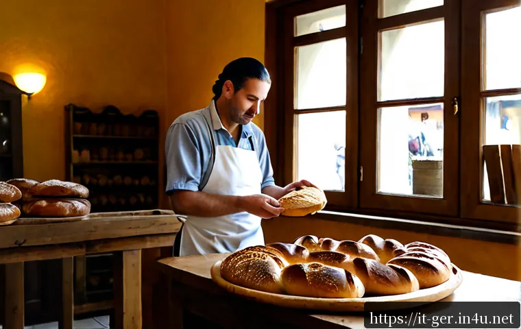 독일 빵 문화 - Photorealistic rustic German bakery counter at early morning, artisan baker in a clean white apron a...