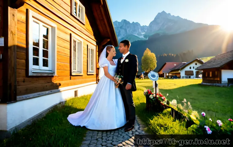 독일의 전통 결혼식 - Photorealistic traditional German wedding in a Bavarian alpine village, bride wearing an elegant whi...