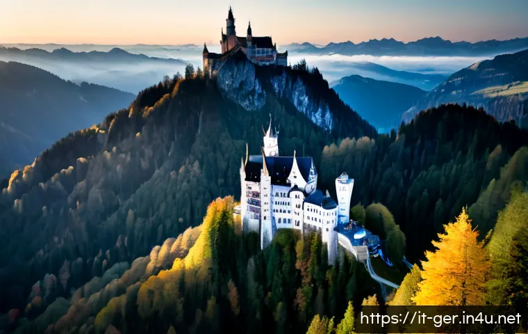 Home 17 독일의 유명한 고성 여행 - Photorealistic wide-angle view of Neuschwanstein Castle rising above the Bavarian Alps, seen from a ...